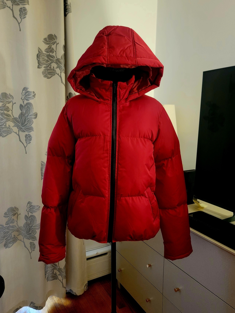 French Connection Vibrant Red Hooded Puffer Jacket Coat Medium
